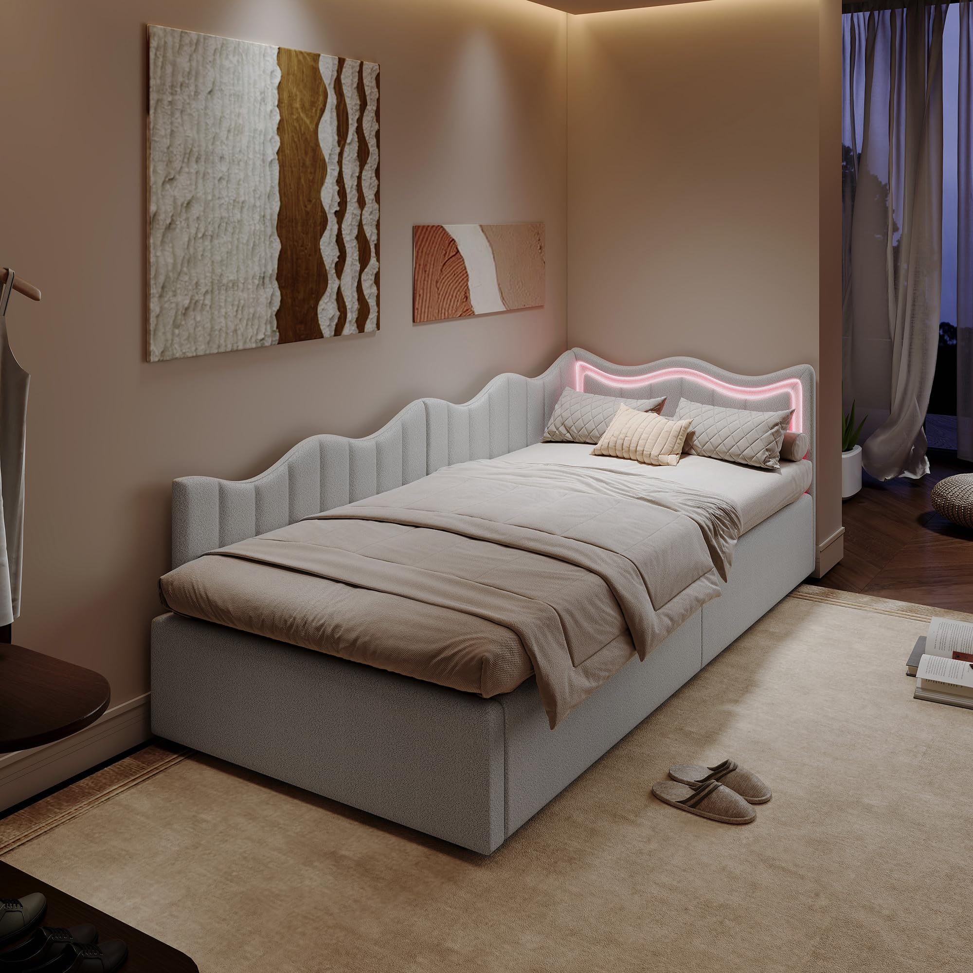 Polsterbett 90x200 mit Stauraum und LED-Beleuchtung, Einzelbett mit Wellenförmigem Kopfteil, Teddy-Fleece Jugendbett mit Lattenrost & Gasdruckfeder für Mädchen & Jungen, Weiß