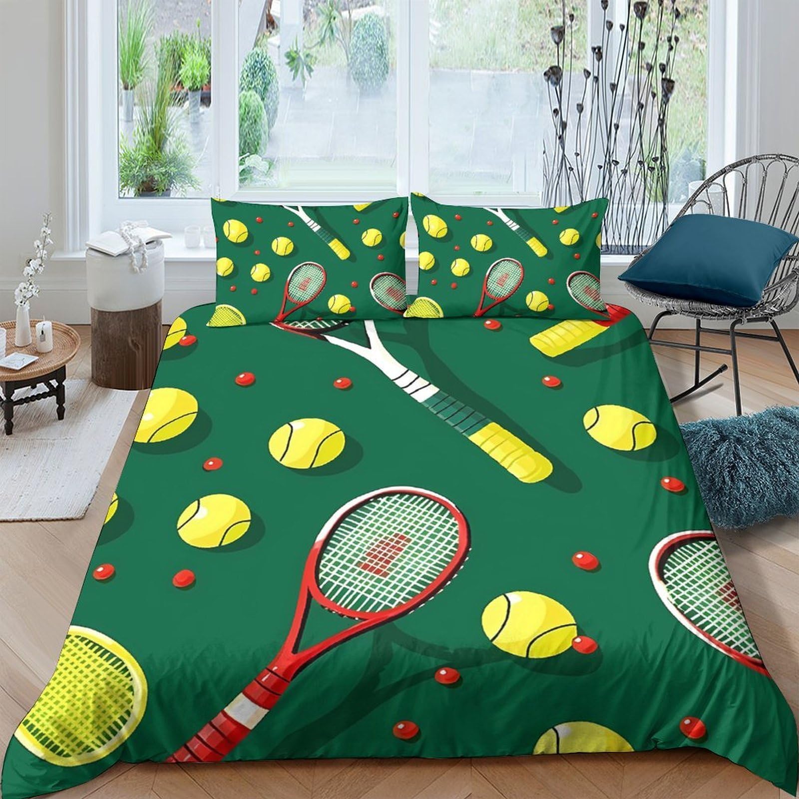 GPLZQXKJNH 3D Printed Tennis Ball Pattern Duvet Cover Microfiber Soft Breathable Racket Bedding Set with 2 Pillowcases for Bedroom Decor, Green Single（135x200cm）