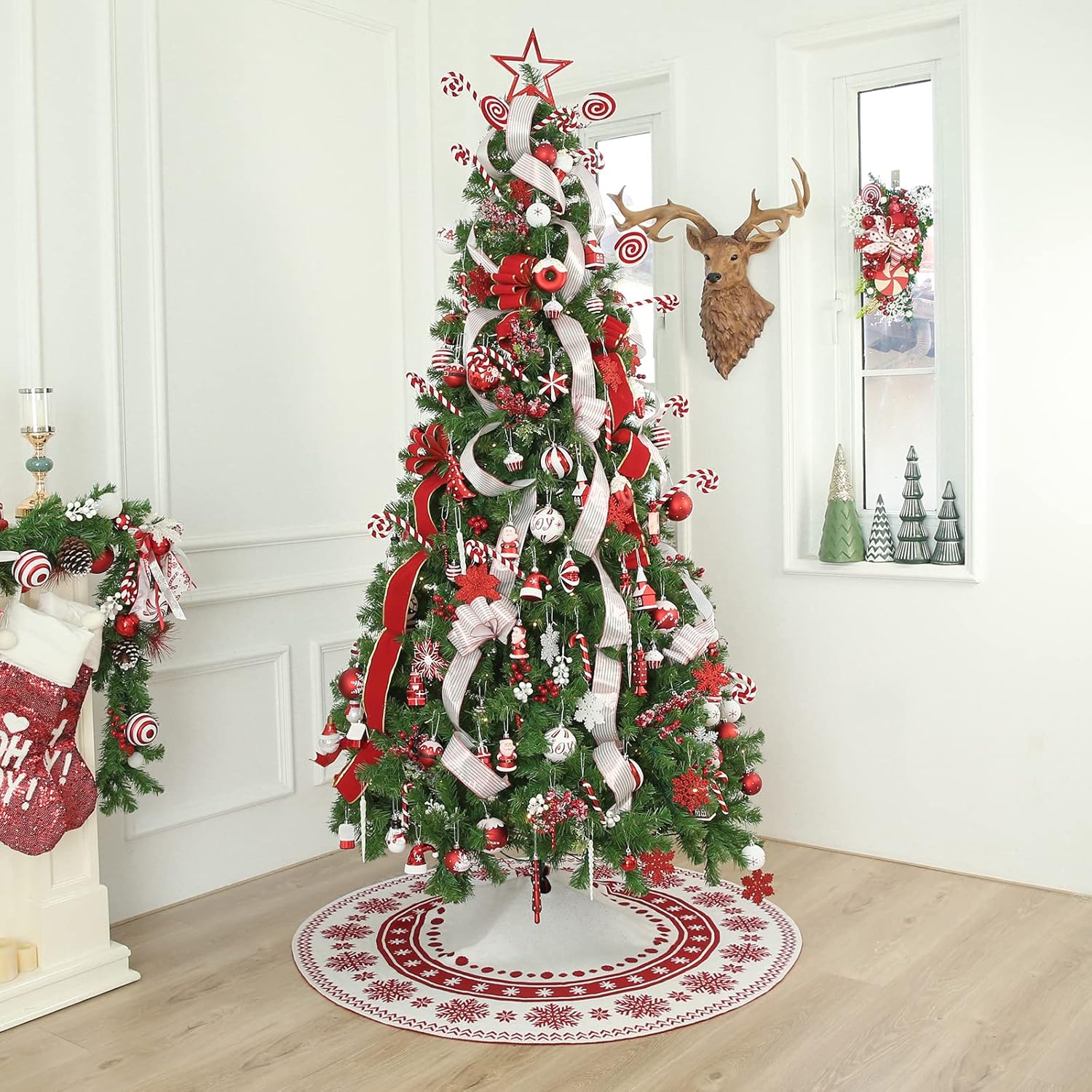 WBHome Christmas Tree Skirt, 52 inch Red Double-Sided Cable Knitted Xmas Tree Skirt with Snowflake Pattern, Thick Rustic Holiday Home Party Decoration, Red, Fit for Up to 9FT Xmas Tree : Home & Kitchen