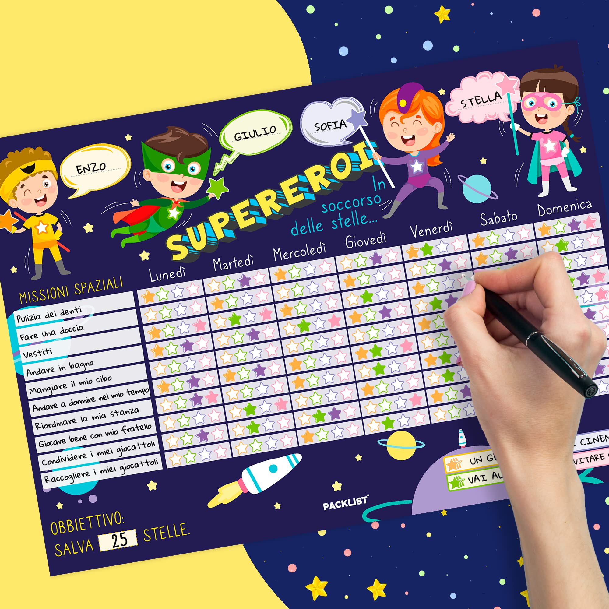 Tabella delle Ricompense per Bambini Italiano - Tabellone Ricompense Supereroi in Soccorso delle Stelle - Apprendimento Positivo con Risultati dalla Prima Settimana - Prodotto Eco 100% Carta