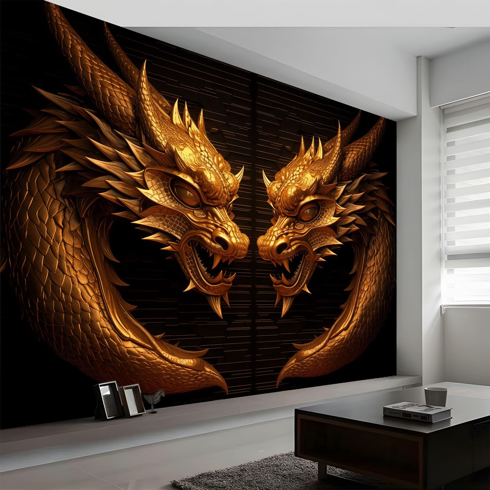 Ciemny styl fantazyjny podwójny złoty smok tapety z włókniny 250 x 175 cm dekoracyjne fototapety ścienne 3D efekt dekoracyjny salon tapeta kuchnia