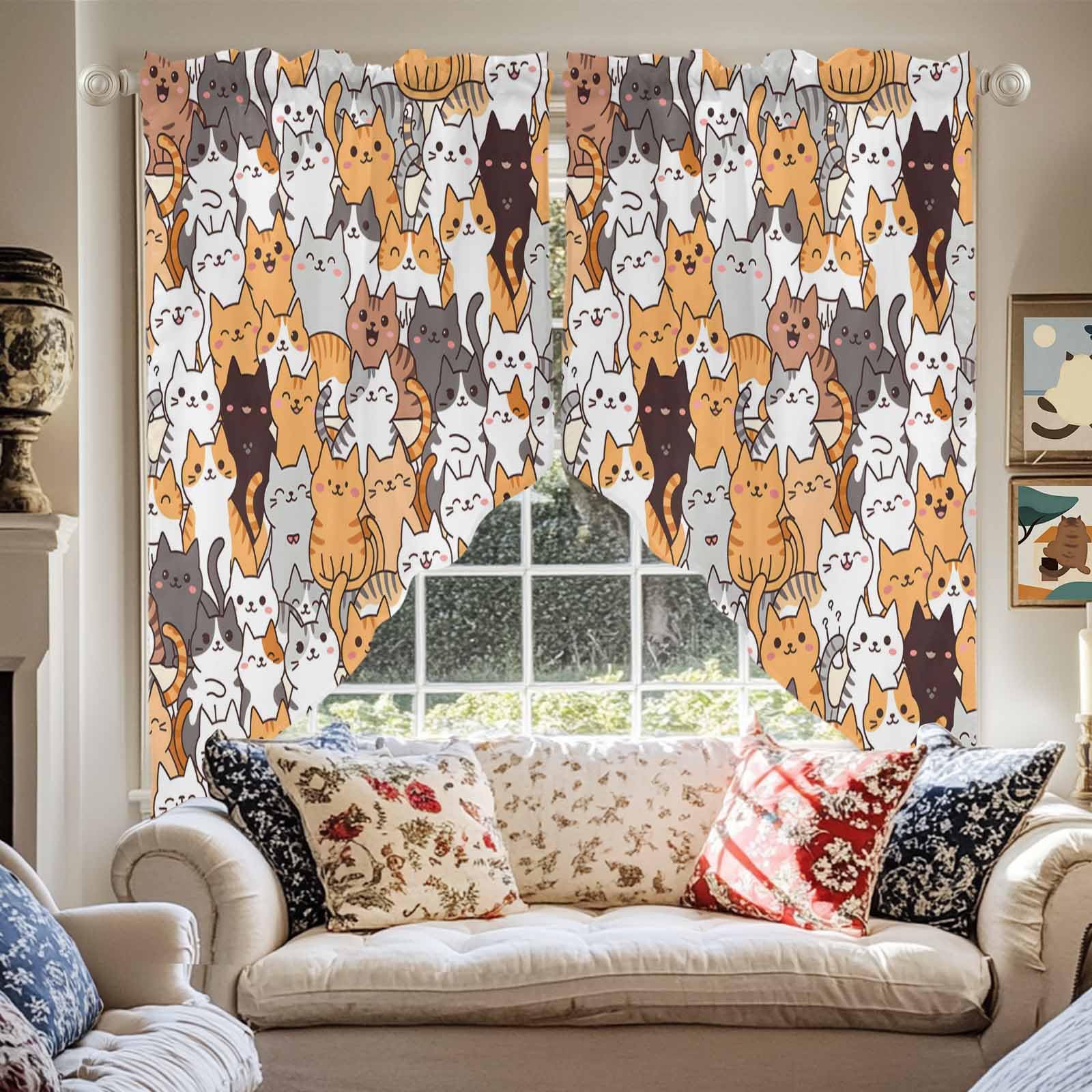 CosyBright Animal Kitchen Curtains Cartoon Blush Cats Window Valance Set,Rod Pocket Curtains Swag for Bedroom Living Room,Swag Valances 36