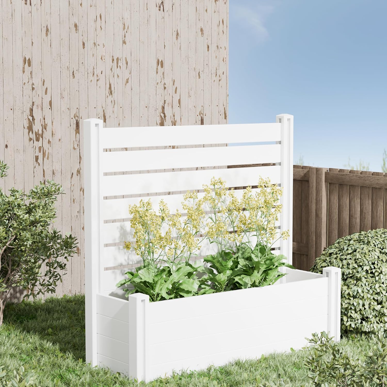 Casaphoria Raised Garden Bed with Trellis, 47"x47"x16" Planter Box with Open Bottom for Gardening Vegetables & Vines and Climbing Plants, White