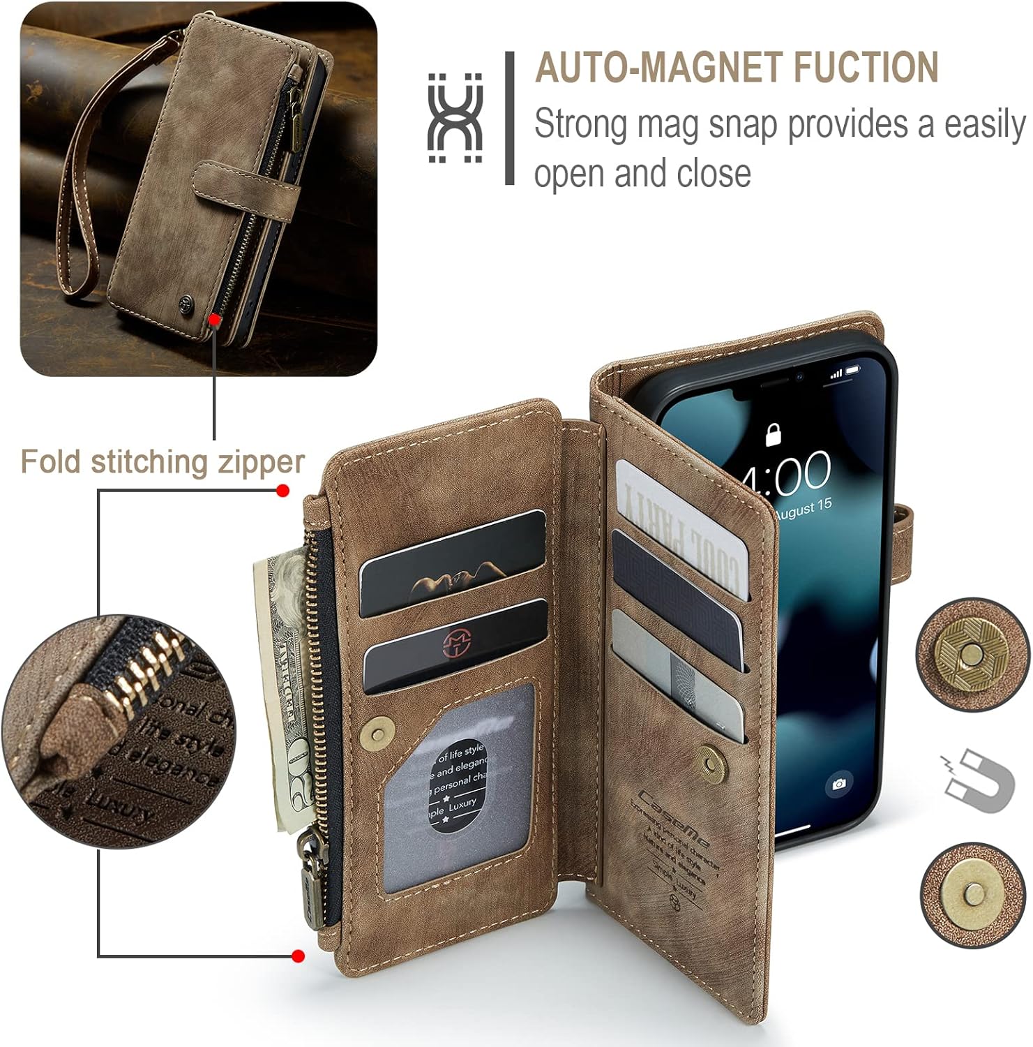 iPhone 13 5G Wallet Case with Card Holder Kickstand Magnetic Zipper Pocket Lanyard Strap Wristlet,Leather Flip Case Wallet for iPhone 13 5G 6.1 Inch(Brown) - Image 3
