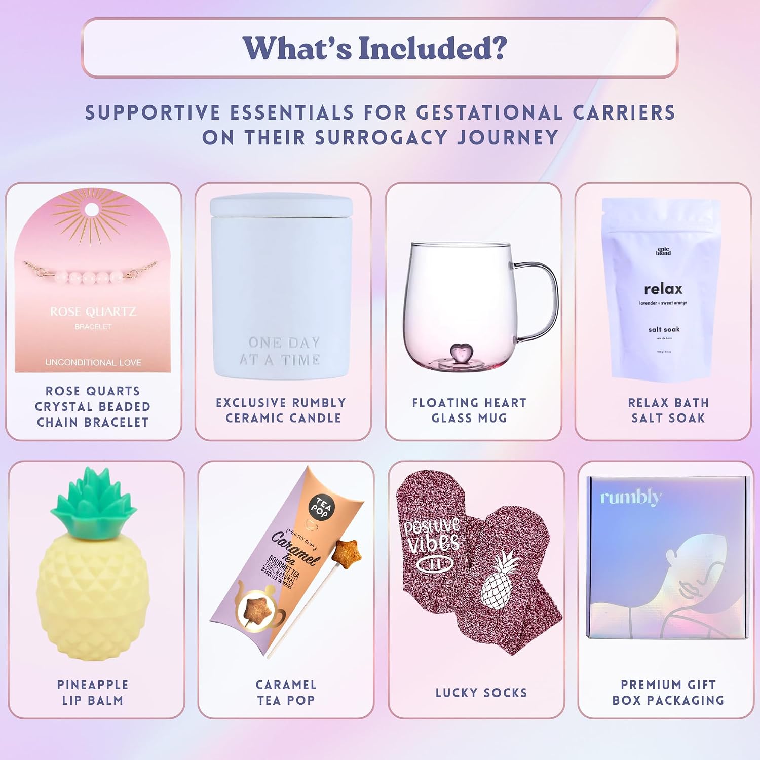 Surrogacy Transfer Box for Gestational Carrier - 7-Item Care Package with Lip Balm, Rose Quartz Bracelet, Bath Soak, Mug, Socks, Candle & Tea - Embryo Transfer Gift