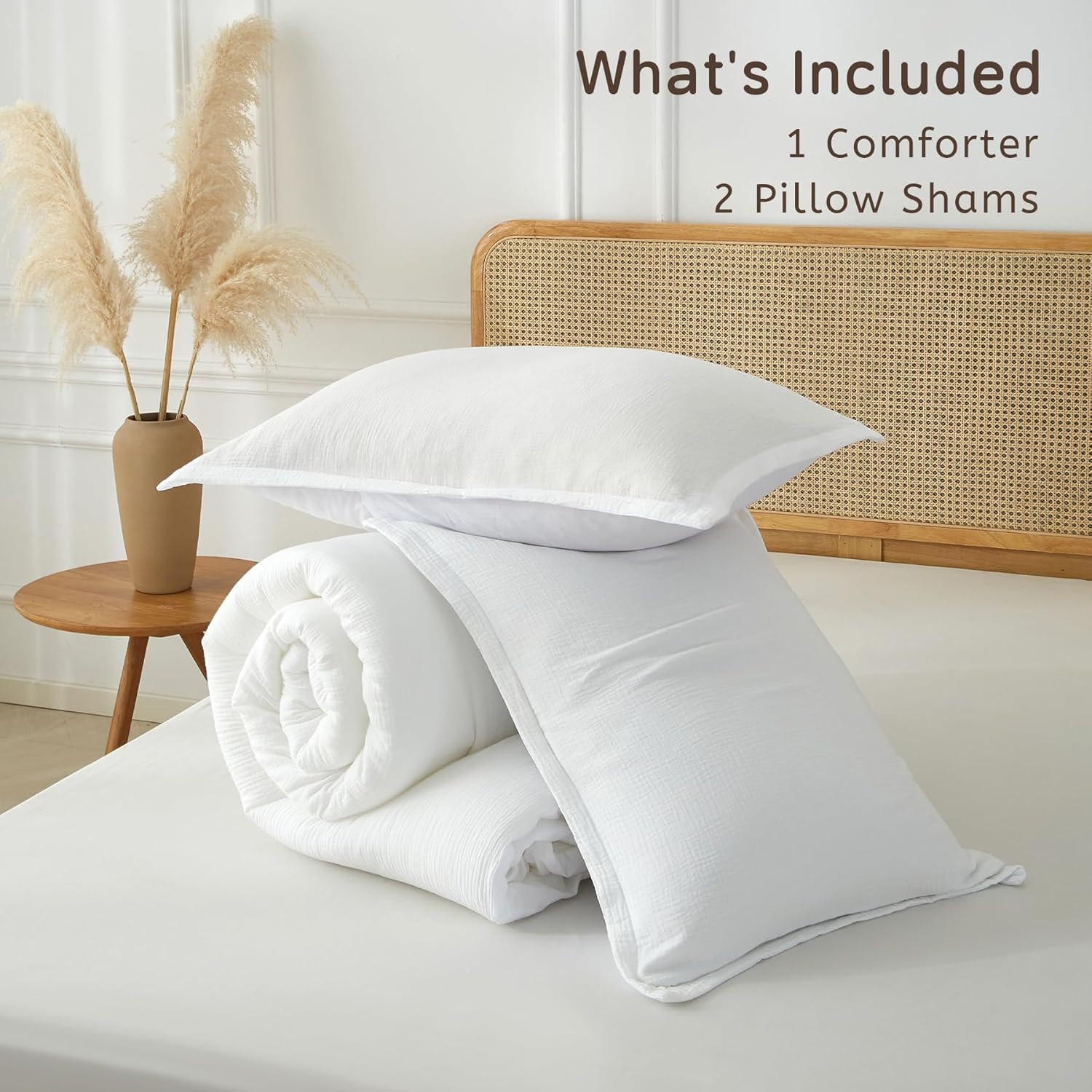 Muslin Comforter Set Queen Size, Cotton Cover & Polyester Filling, Breathable & Linen Like & Suitable for All-Season Use,3 Pieces(1 Comforter 90"x90", 2 Pillow Shams 20"x26"), White - Image 5