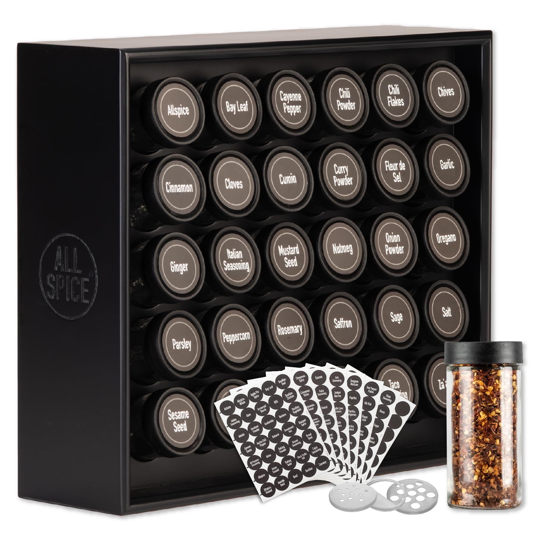 AllSpice Spice Rack Organizer, Wood, 525 Unique Labels, Countertop or Wall Mount, Includes 30 4oz Jars- Matte Black