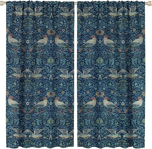 Cortinas opacas de estilo bohemio retro William Morris para ventana, diseño de pájaro pequeño, estilo vintage, con bolsillo para barra, para sala de