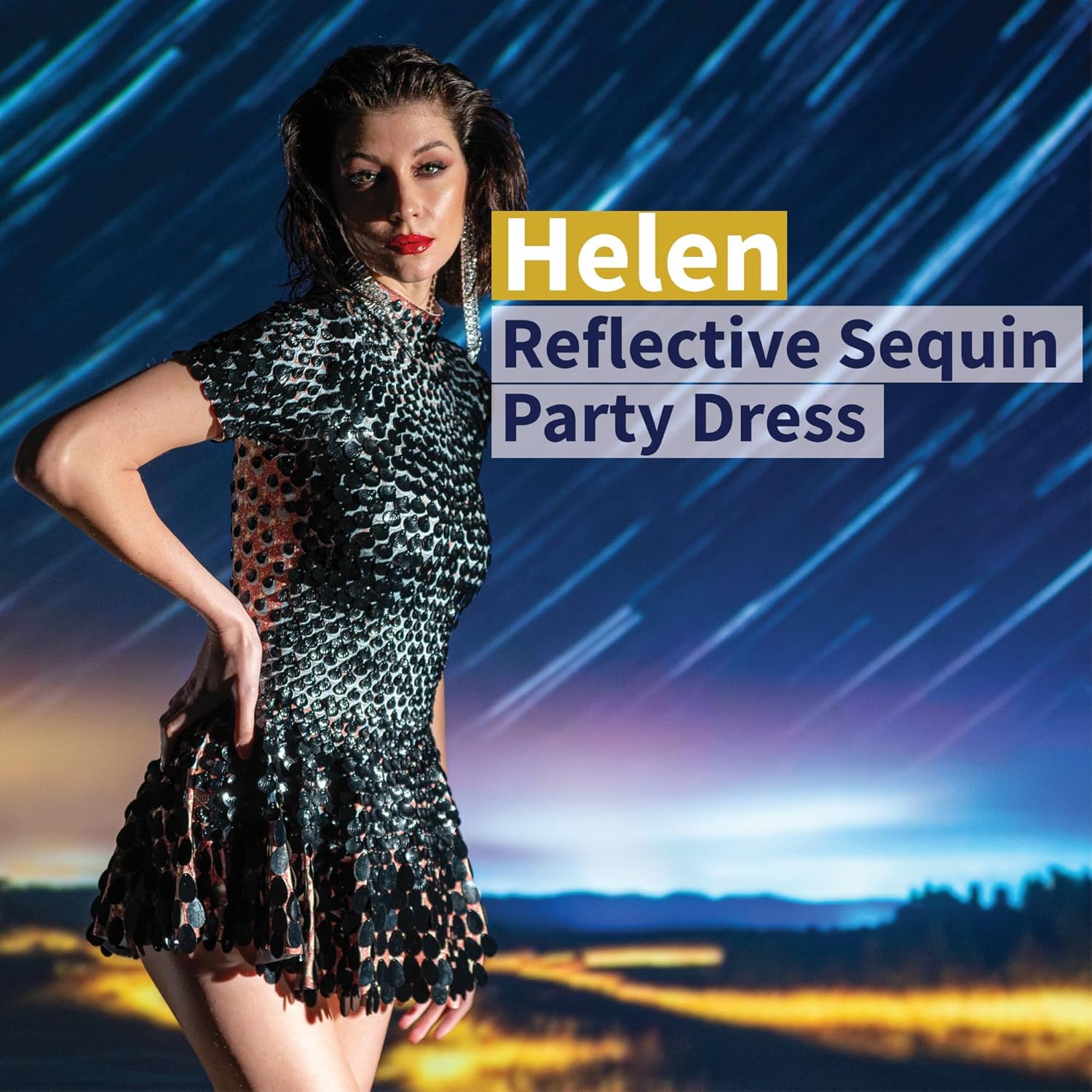 Helen Reflective Sequin Party Dress for Disco Parties, Shiny Sequin Leotard, Mini Dress with Seashell Sequins - Image 2