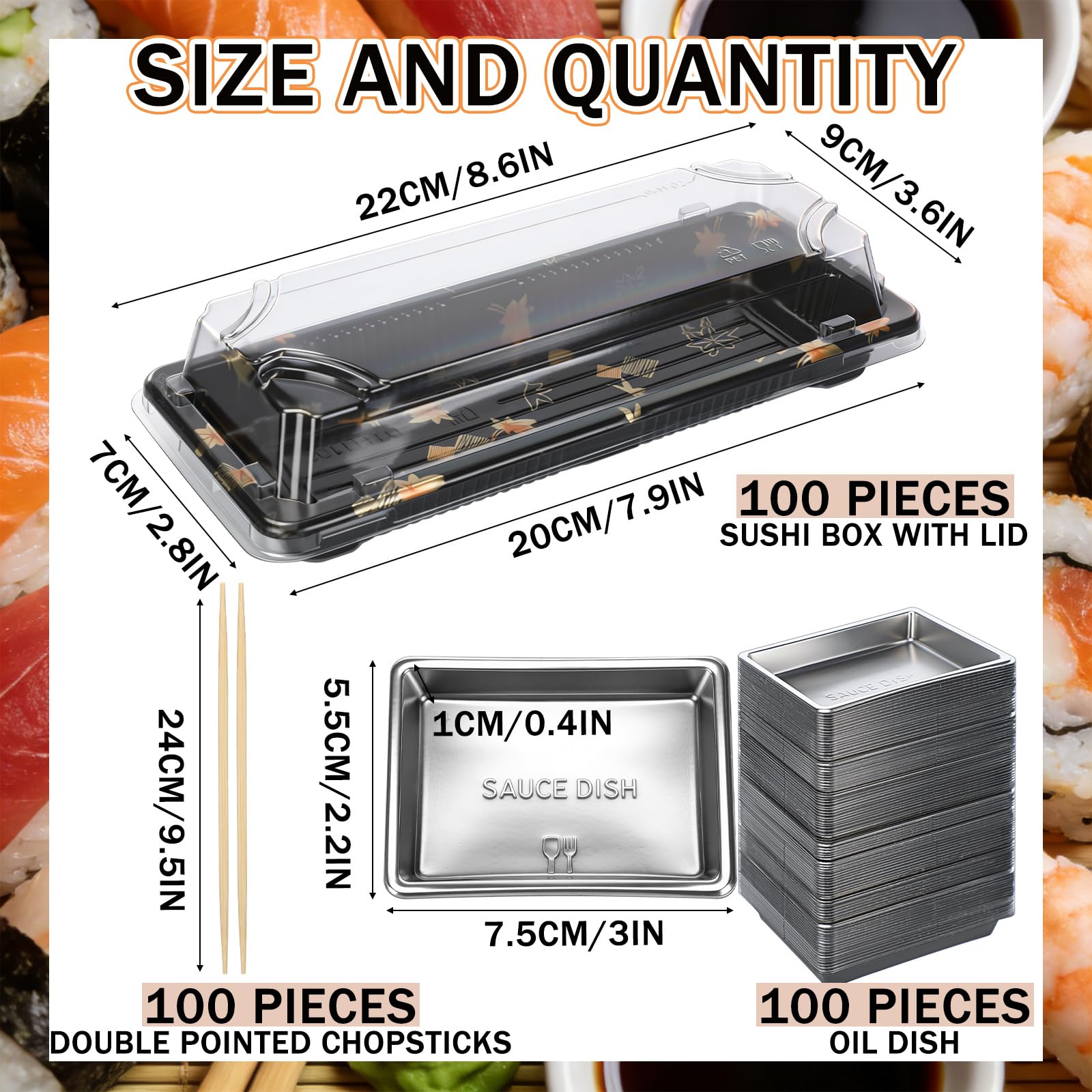 Confezione da 100 vassoi per sushi, include contenitori per sushi con coperchio, 100 paia di bacchette giapponesi in bambù, 100 piatti per salsa di soia, per hot dog, panini, patatine fritte