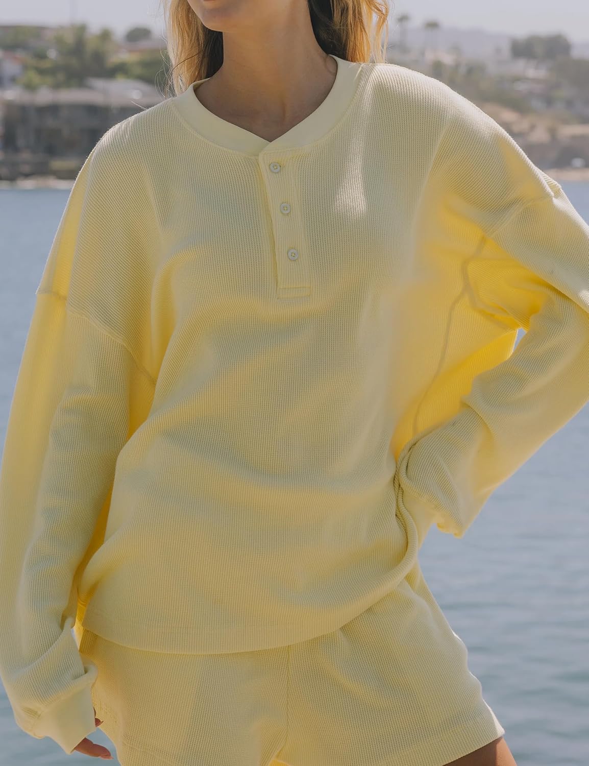 Women Waffle Knit Lounge Set Oversized Henley Sweatshirt and High Waist Resort Shorts 2 Piece Outfit - Image 2