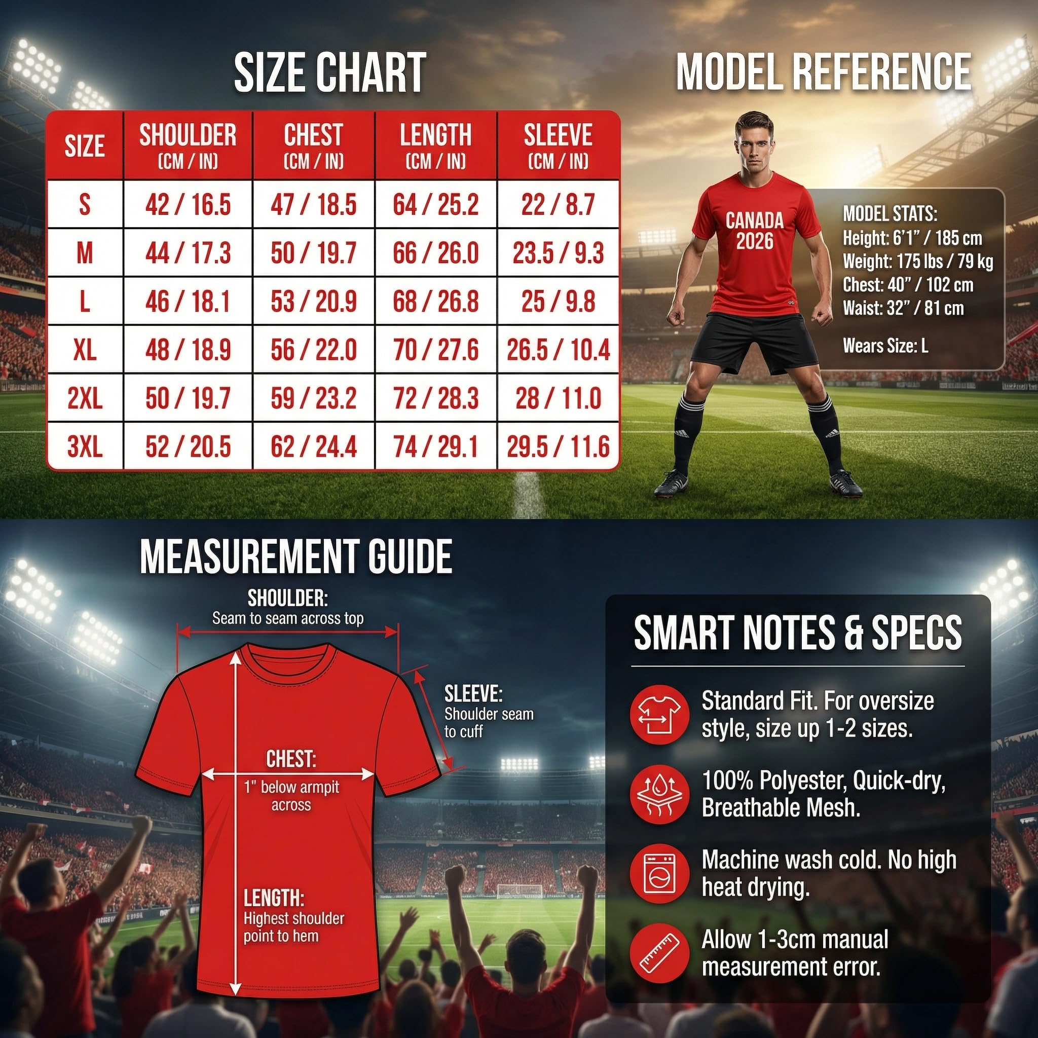Team Canada Soccer Jersey, One Piece Youth&Adult Canada Soccer Jersey, Size S-3XL Red World Football Jersey — view 7