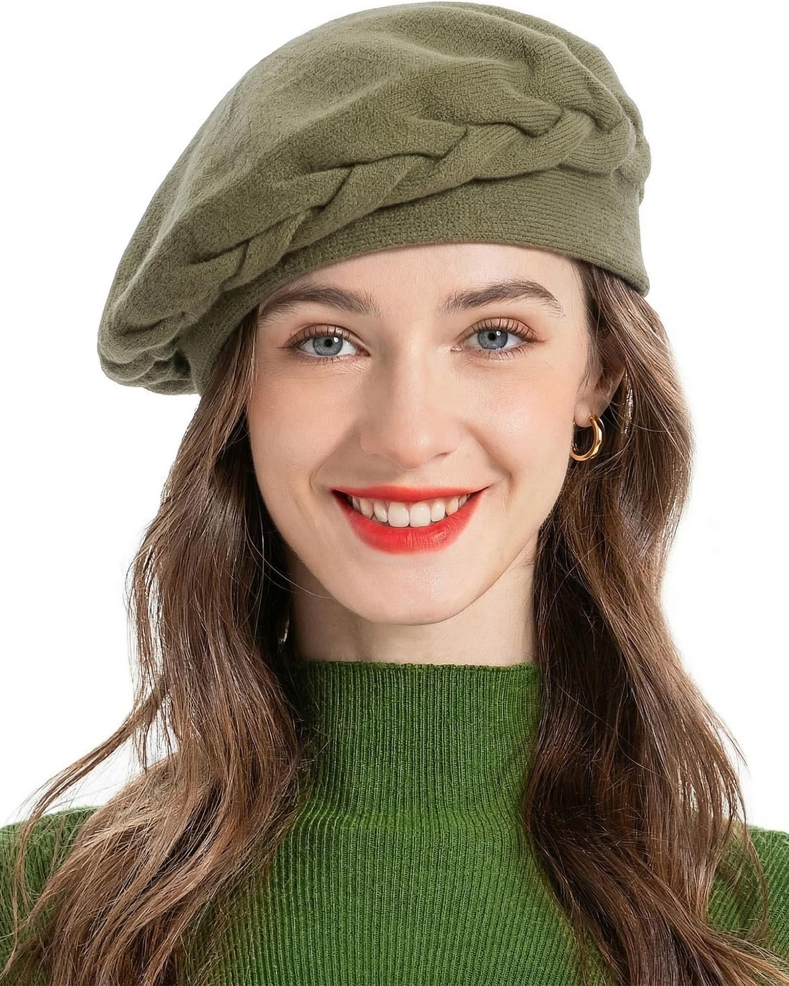 ZLYC Women's Reversible Beret Hat, Medium Green-Yellow, One Size