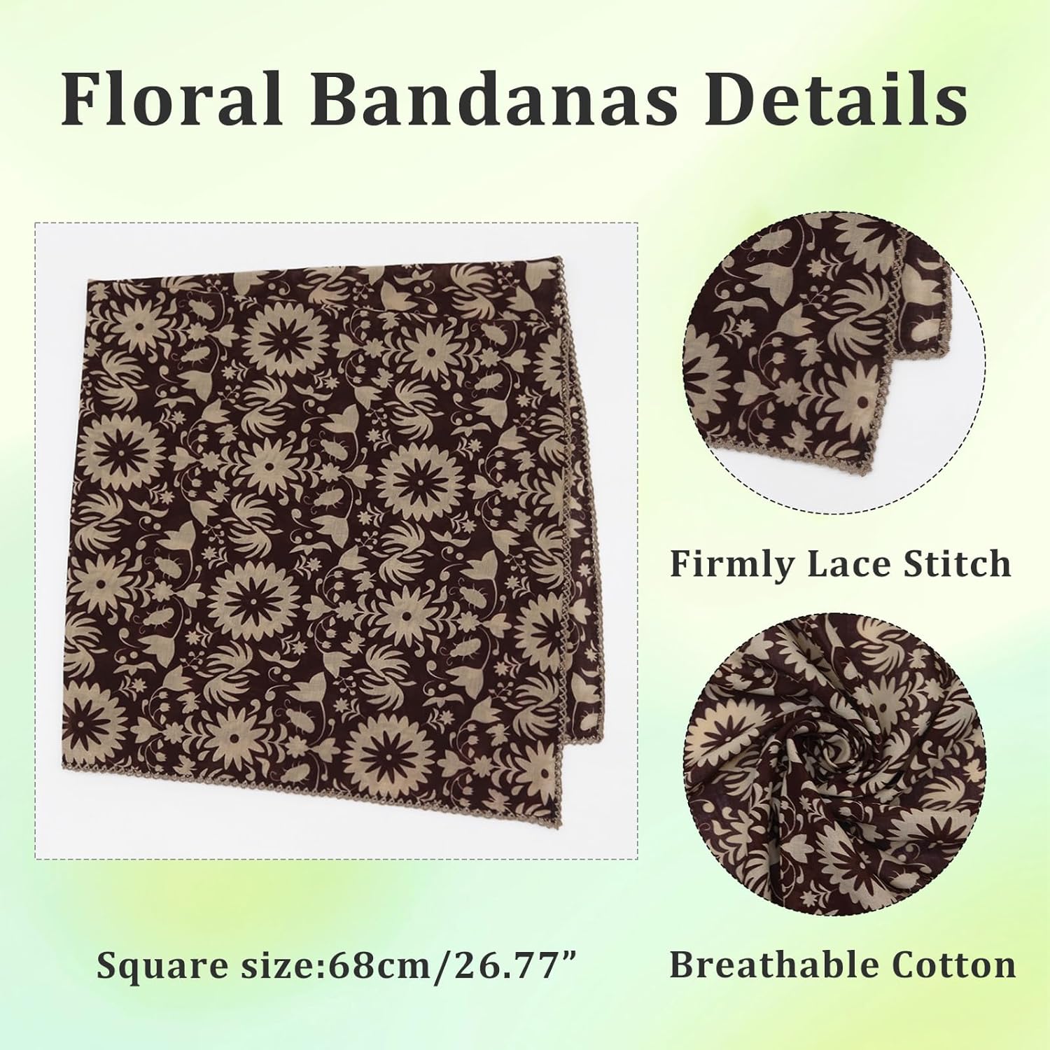 Floral Bandanas for Women Men, 27" x 27" Large Cotton Bandana Headband Head Wraps Hair Scarf for Beach Camping - Image 6