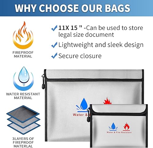 Miniatura 7 de Bolsa de documentos ignífuga (2000 ℉), caja fuerte para dinero de 15 x 11 pulgadas y 9 x 7 pulgadas, juego de bolsa resistente al fuego con