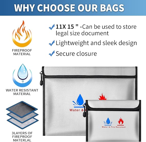 Fire-resistant document pouches, including a set of fire-resistant wallet security pouches, measuring 15 x 11 in and 9 x 7 in, with a non-irritating silicone coating, for Money, Documents and Passport