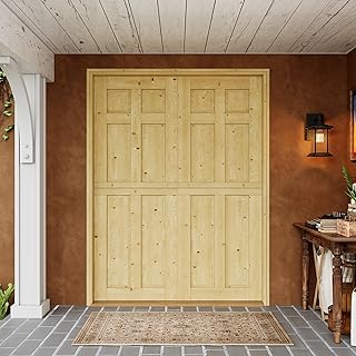 Interior & Exterior Double Dutch Door Slab, 60" x 80", Universal 6 Lite Panel Split Single Doors, Solid Core Home Door, Natural Pine Wood - with 8 Black Hinges & 2 Latch, Without Jamb