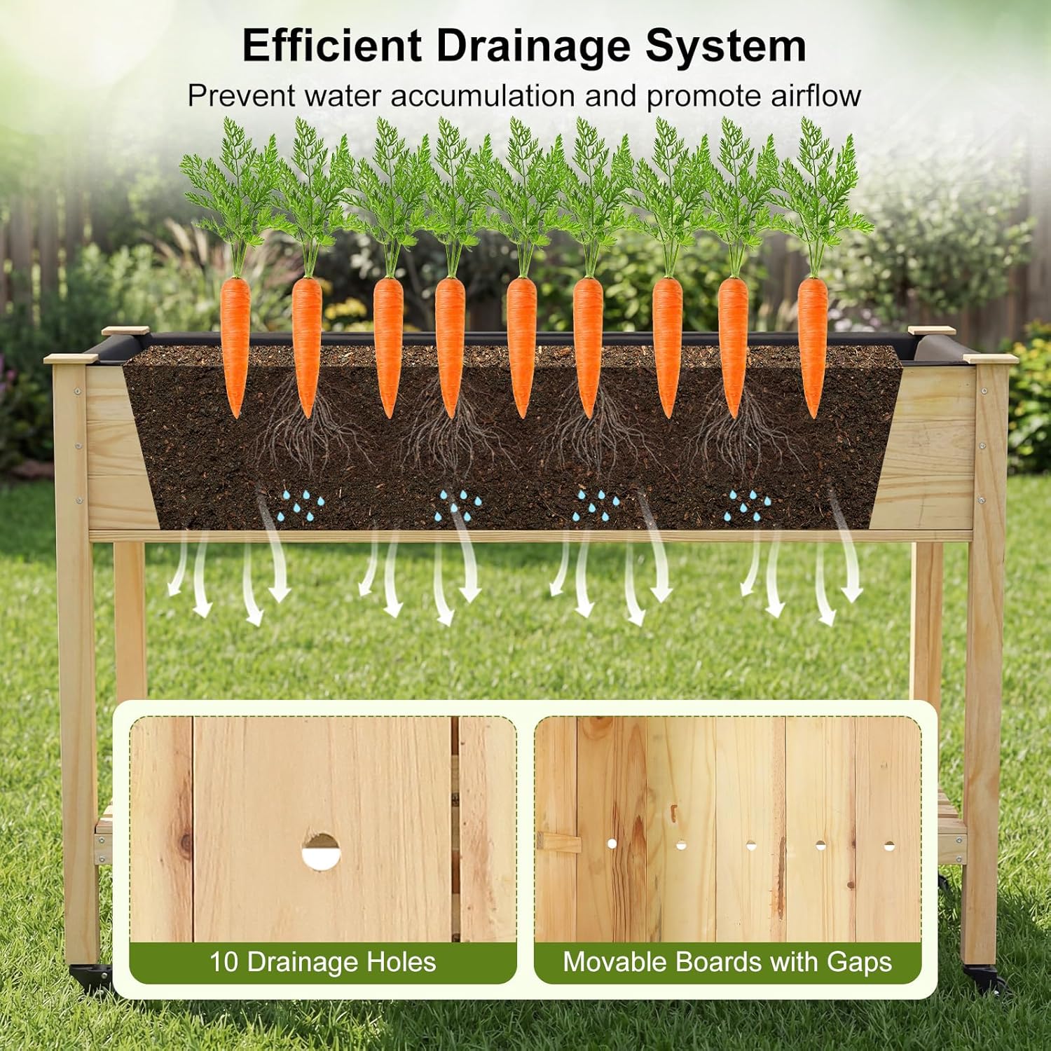 COSTWAY Pine Wood Raised Garden Bed, 47" x 23" x 33" Elevated Planter Box with Storage Shelf, Lockable Wheels, Liner, Drainage for Vegetables, Flowers, Herbs, Yard, Balcony