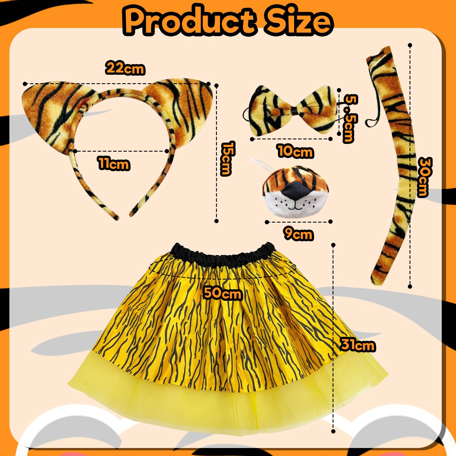 5 Pcs Tiger Costume for Kids Animals Costume for 3-10y Girls, Tiger Stripe Tutu Skirt, Ears, Nose, Tail - Image 2