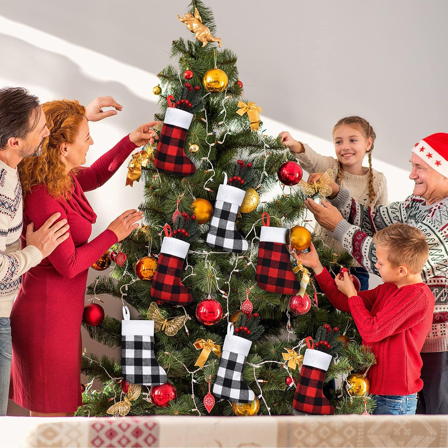 Skylety 24 Pcs Christmas Stockings Bulk Mini Xmas Buffalo Plaid Stocking Plush Cuff Hanging Decorations for Holiday Party Favors