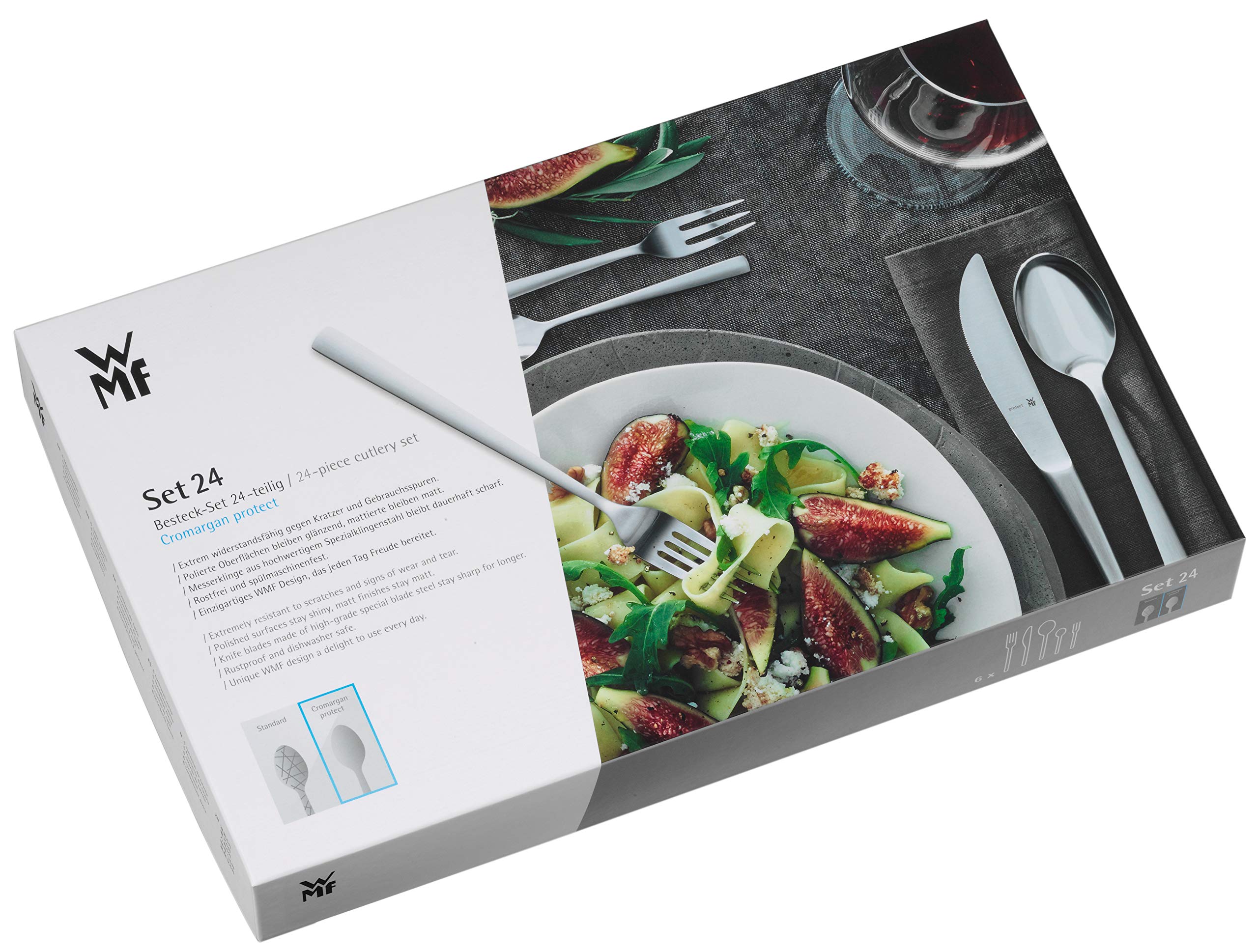 WMF Lyric Edelstahl Besteck Set 6 Personen, Essbesteck Set 24 teilig Monobloc-Messer, Cromargan protect poliert, kratzbeständig, spülmaschinenfest