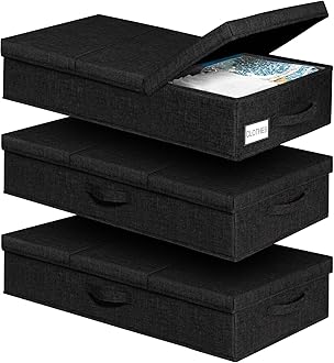 mepure 3 Pack Under Bed Storage Box with Lid, Sturdy Side & Bottom Support Underbed Storage, Foldable & Stackable Storage Boxes，Clothes, Bedding, Wardrobe Organiser,79x40x15cm, Black