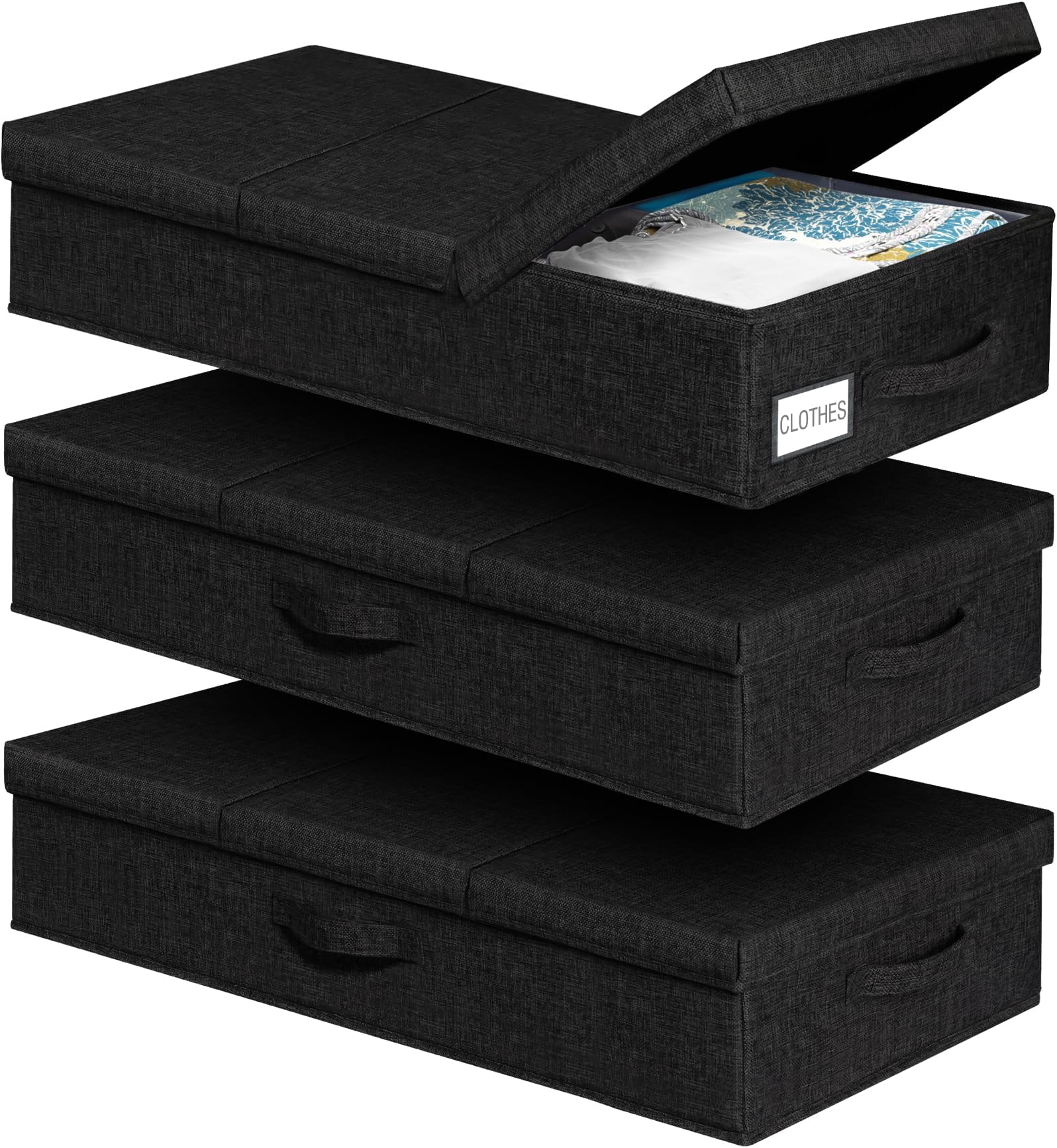 mepure 3 Pack Under Bed Storage Box with Lid, Sturdy Side & Bottom Support Underbed Storage, Foldable & Stackable Storage Boxes，Clothes, Bedding, Wardrobe Organiser,79x40x15cm, Black
