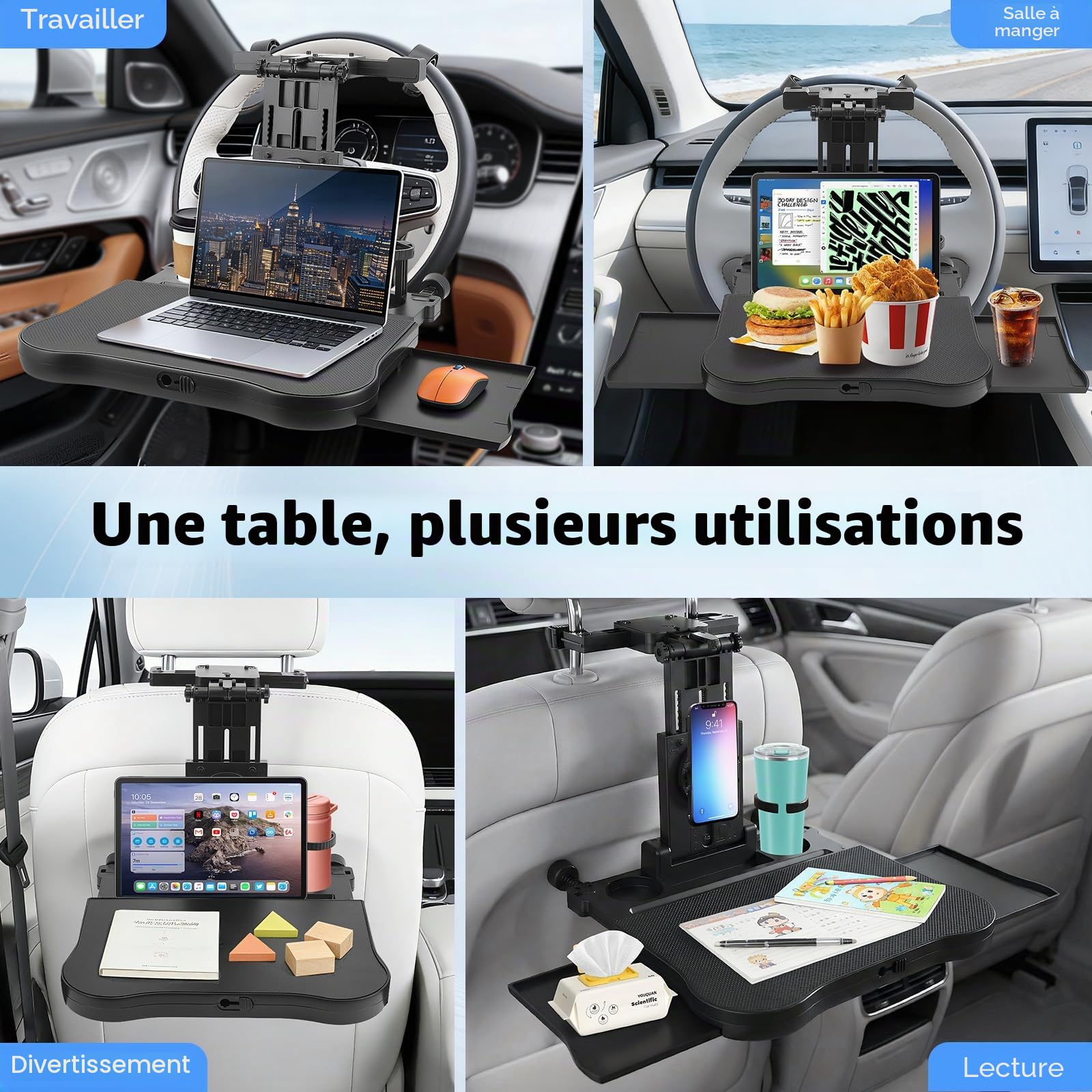 Table de Voiture pour siège arrière Passager, Bureau avec Porte-gobelet et Support de téléphone Portable, Table de Salle à Manger Multifonction pour Les trajets en Voiture, pour Travailler, écrire