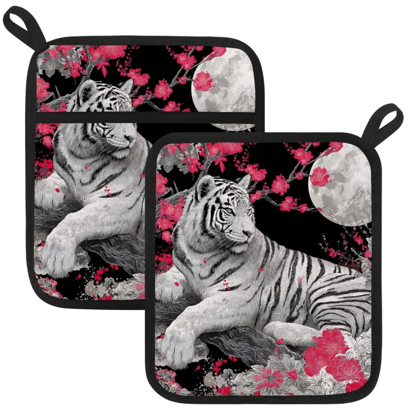 VAPOKF Tiger Moon Pot Holders with Pocket for Kitchen Heat Resistant Potholders Large Polyester-Cotton Square Oven Mitts Set