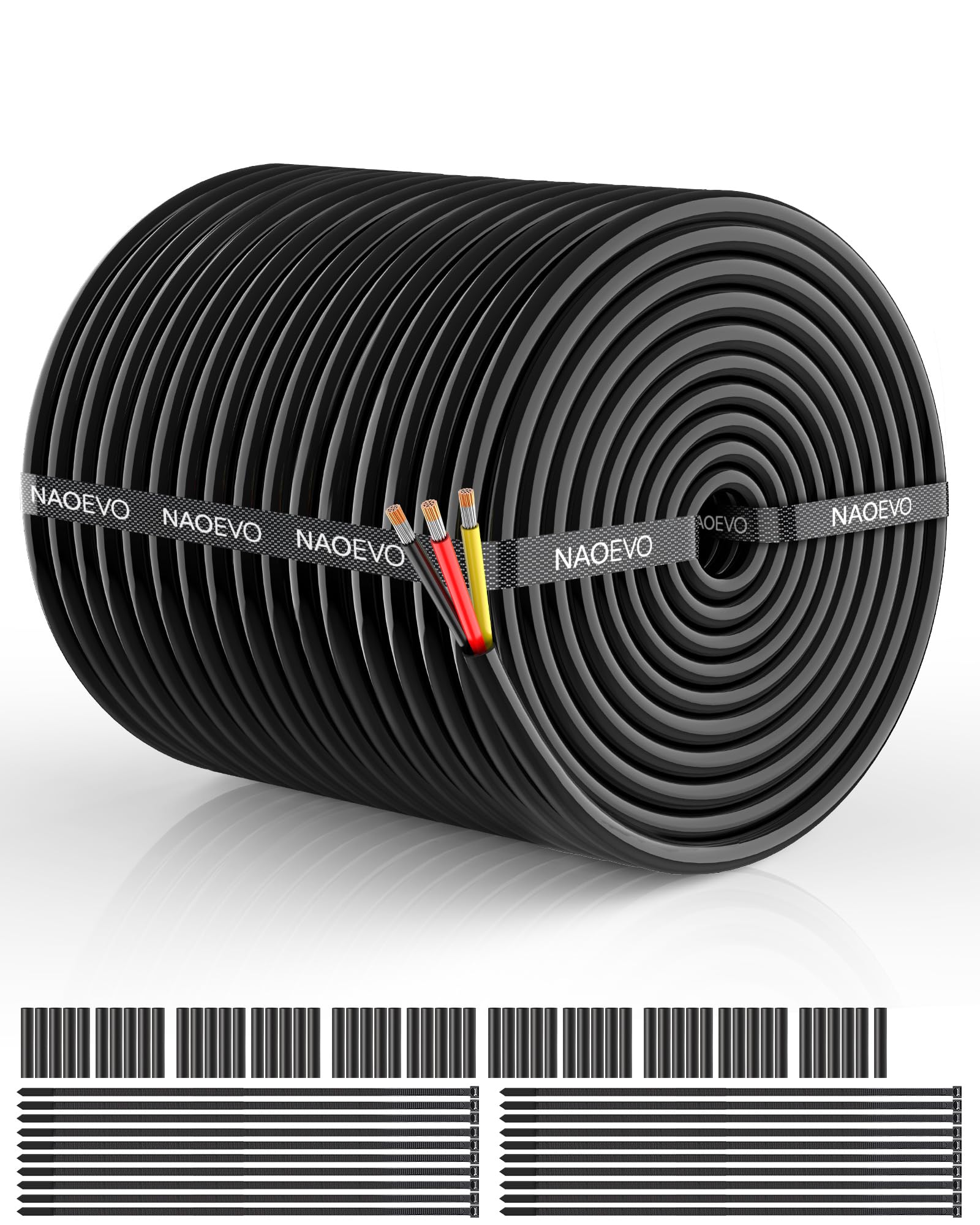 NAOEVO 14 Gauge Wire 3 Conductor Electrical Wire, 14 AWG Stranded PVC Cord, 12V Low Voltage/Tinned Copper/Flexible Cable for Automotive Wiring, Lamp Cord, Marine Cable (200FT)