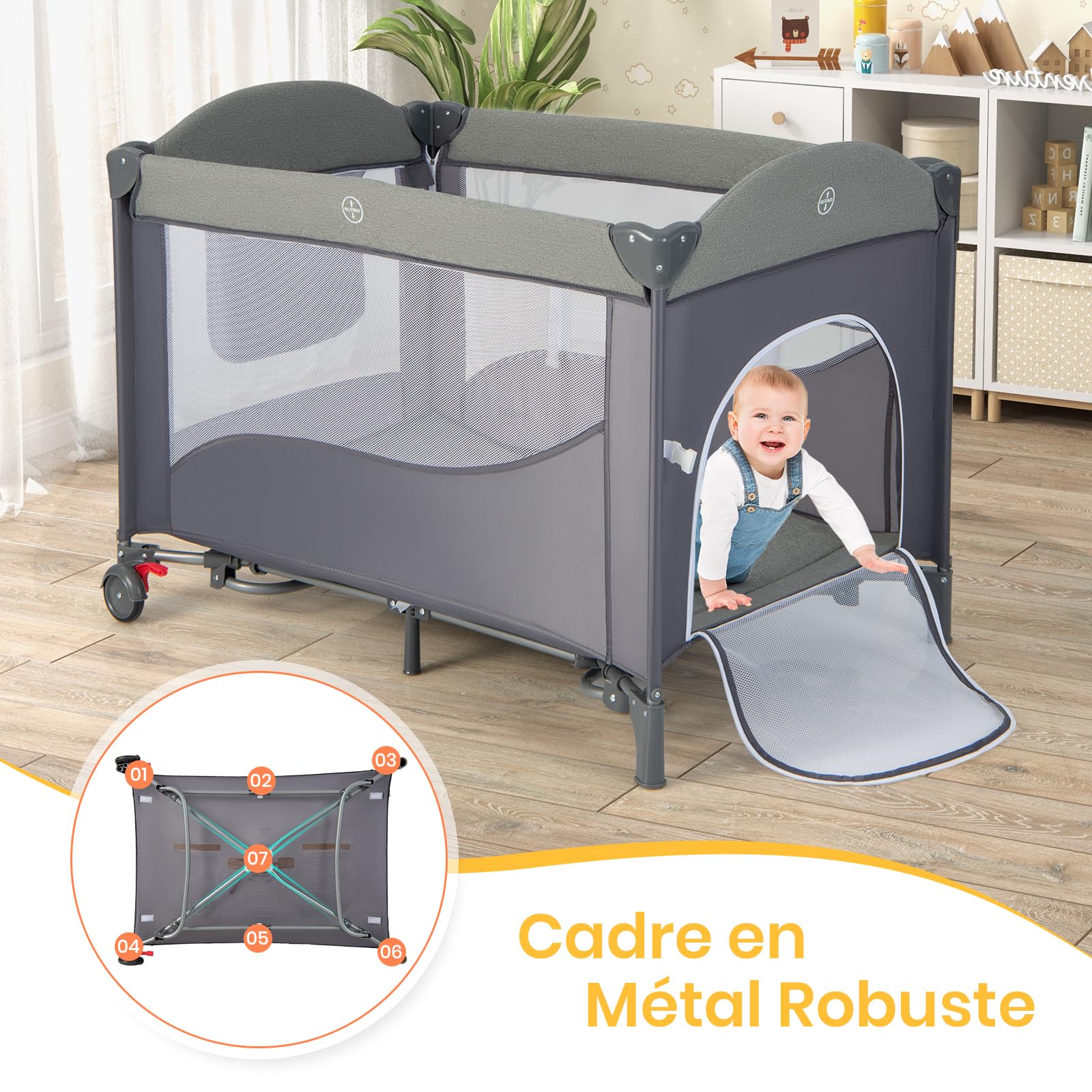 DREAMADE 5 en 1 Lit Parapluie Bébé, 110x76x82CM Lit Cododo avec Matelas,0-9Mois,avec Hauteur Réglable,Bascule 5-10°,Roues avec Freins,Boîte à Musique (Gris)