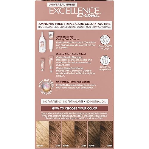 Miniatura 56 de L'Oreal Paris Excellence Universal Nudes - Tinte permanente para el cabello, sin amoníaco, para cobertura de cabello gris, rubio natural 8N, 1 kit