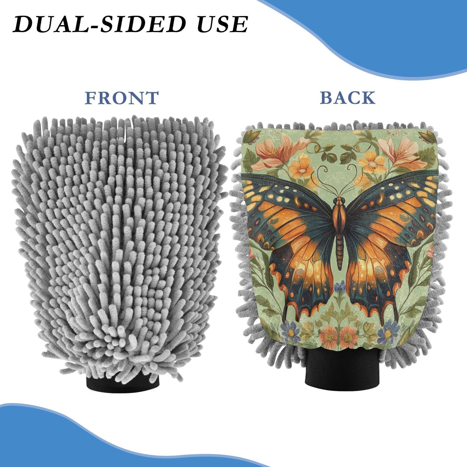 Hezely Butterfly Flowers Car Wash Mitt, 2PK Scratch Free Lint-Free for Car Washing and Detailing