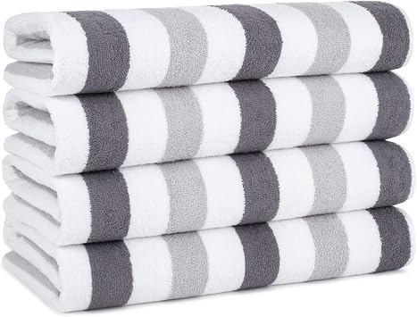 Arkwright Cabo Cabana Stripe Beach Towel - Pack of 4 - Large Soft Quick Dry Cotton Terry Towels for Pool, Swim, and Hot Tub, Oversized 30 x 70 in, Charcoal/Silver