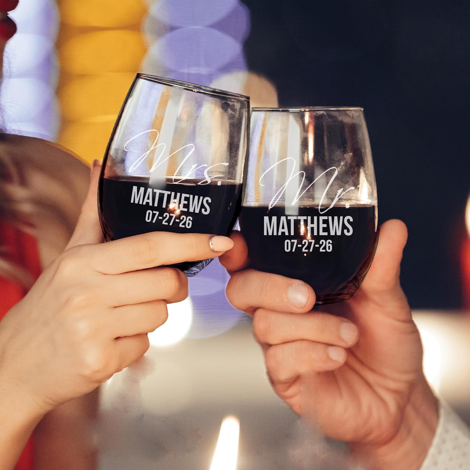 My Personal Memories Set of 2 Mr and Mrs Personalized Stemless Wine Glasses - Engraved Custom Monogrammed Glassware Gifts