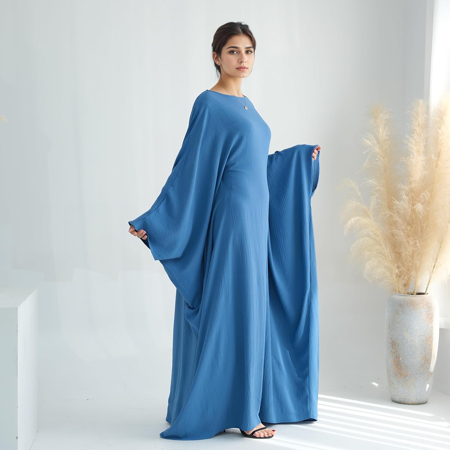 Abaya Dress for Women Soft Crepe Like Linen Khimar Butterfly Batwing Dubai Islam Muslim Kaftan Modest Prayer Dress