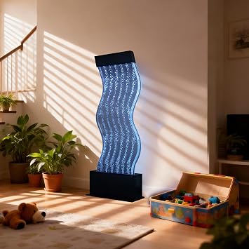 19 Wide x 48 Tall S-Curved Bubble Wall Fountain with Color-Changing LED Lights, Water Feature for Home, Office, Sensory Room & Therapy Safe, Low Maintenance Decorative Mood Fountain