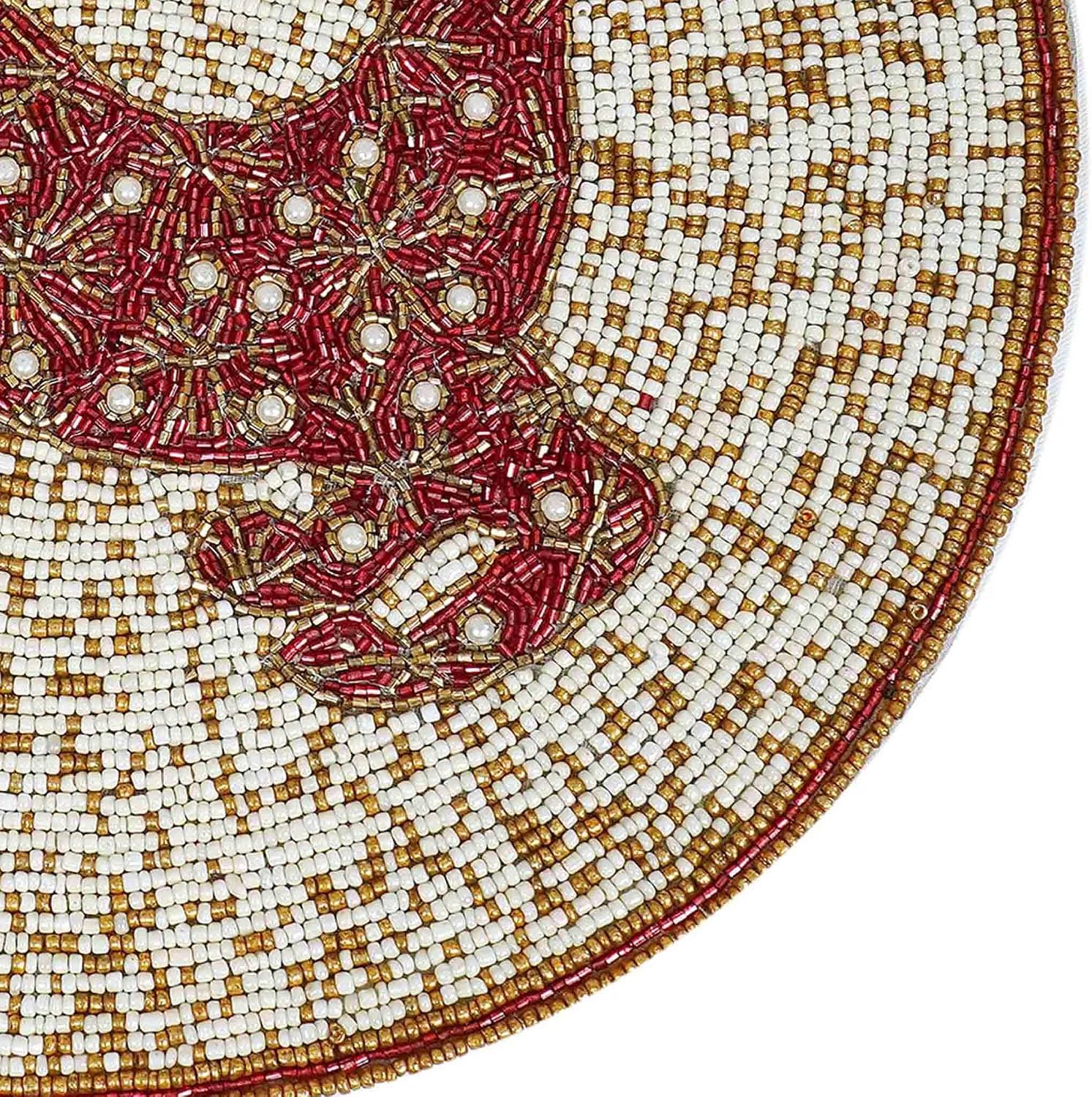Christmas Beaded Placemat, Round Embroidered Be A Deer Tablemat in Red and Cream, Beaded Charger Placemat, Holiday | X'Mas Dining Table Décor - Set of 2