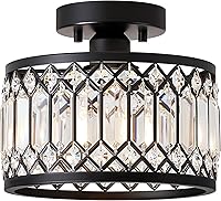 Pevfah Crystal Black 9-Inch Semi Flush Mount Ceiling Light - Modern Round Crystal Fixture for Hallway, Kitchen, Bedroom, Entryway