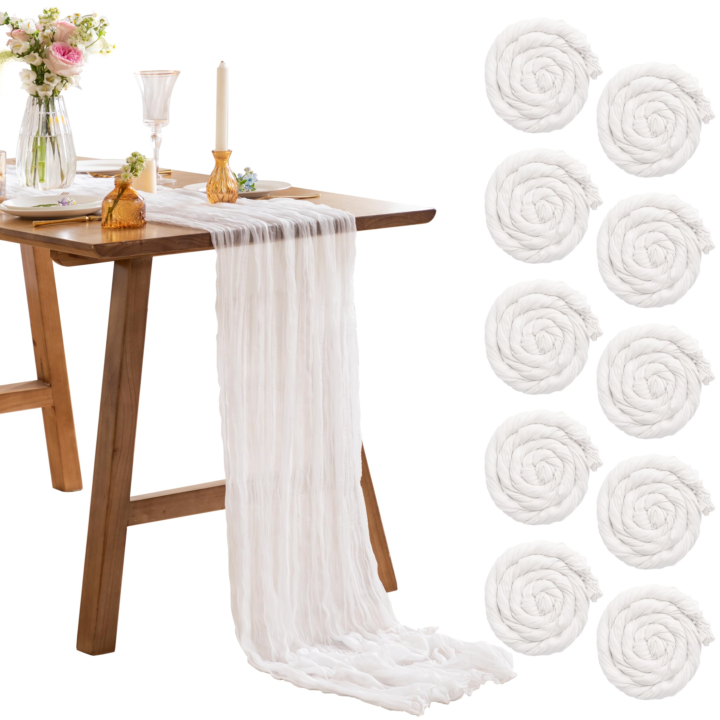 joybest10 Pcs White Cheesecloth Table Runner, 35 x 120 Inch Boho Gauze Table Runner Rustic Romantic Sheer Runner for Wedding Party Bridal Birthday Baby Shower Table Decorations
