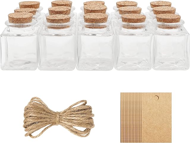 Belle Vous Glass Favour Jar Set with Cork Lids, Label Tags and Twine (15 Pack) - 50ml/1.69oz - Mini Square Mason Airtight Storage Bottles and Labels for Wedding Favours, Party, Kitchen Spices and Jam