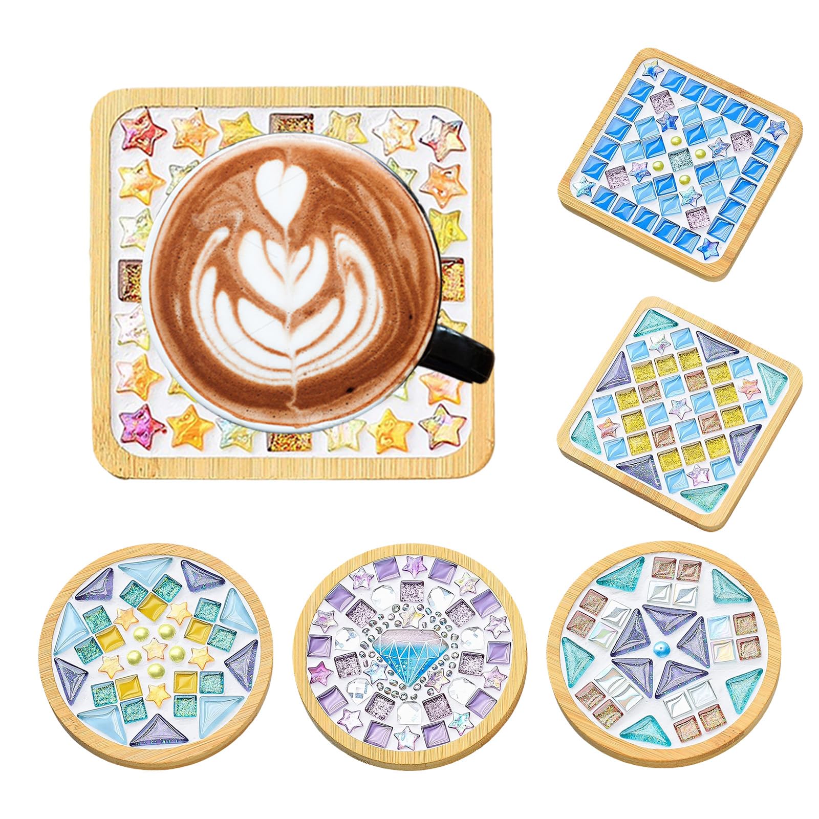 6 Sets DIY Glass Mosaic Tiles Craft Kit, Mixed Color Mosaic with Wooden Coasters, Ideal for Women, Kids, and Beginners. Create Custom Colorful Glass Mosaic Coasters for Handmade Gifts and Home Decor.