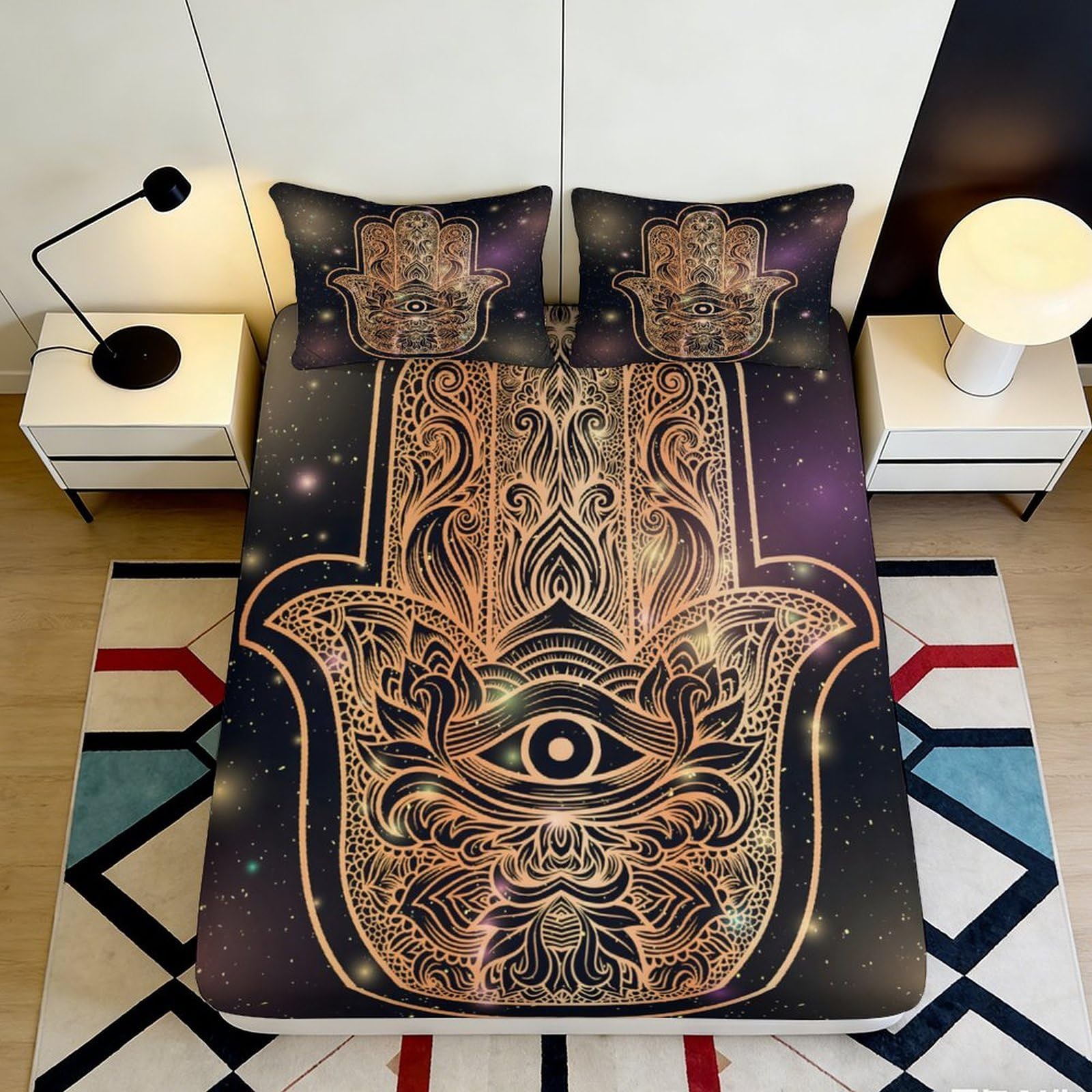 3D Printed Mandala Hamsa Fitted Sheet Microfiber Soft Anti-Slip Boho Eye Mattress Cover for Bedroom Guest Room Decor 90x200x25cm