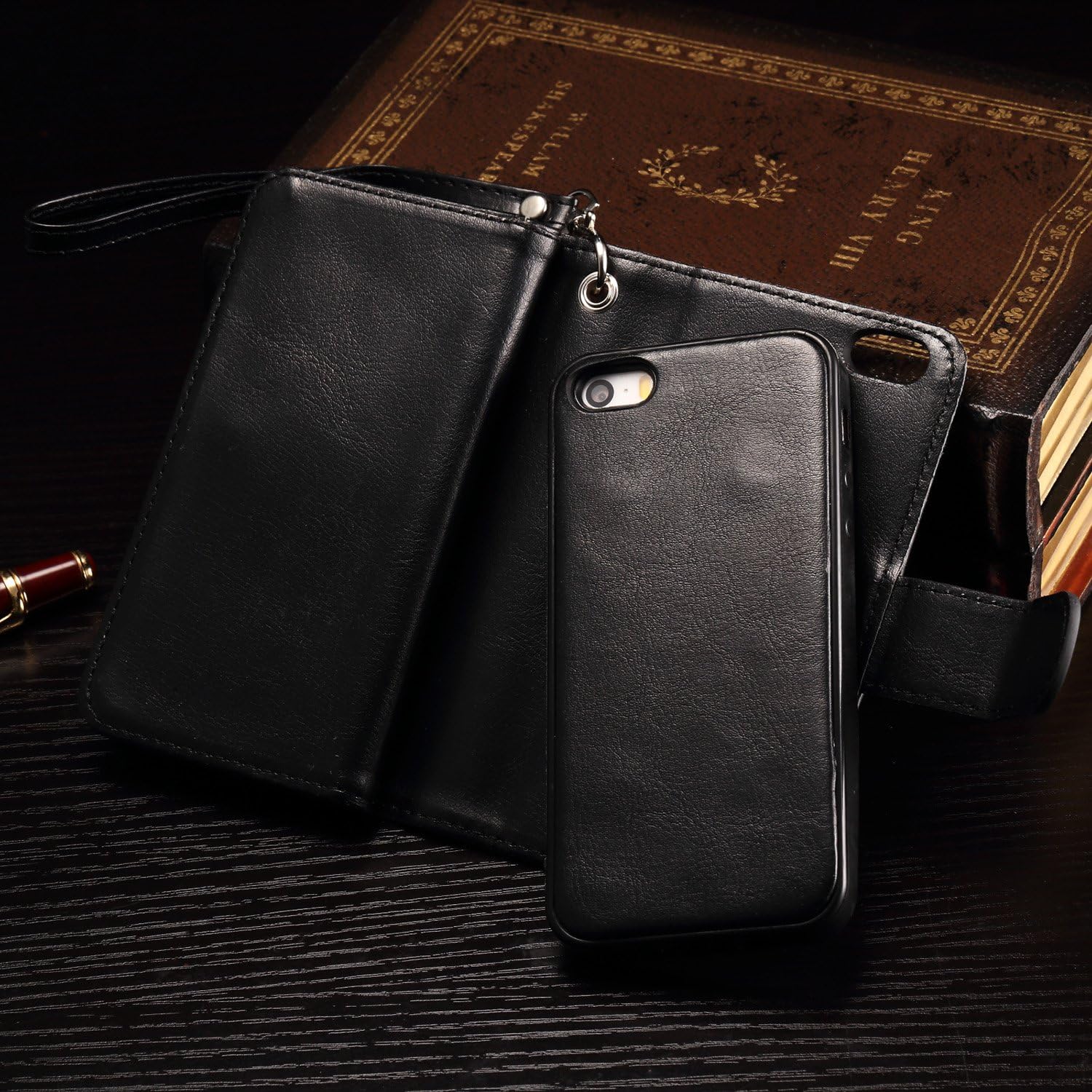 iPhone 5s Case, iPhone 5 Case, Joopapa iPhone 5s/5 Wallet Case, Luxury Pu Leather 2 in 1 Magnetic Wallet Credit Card Holder Flip Case Cover with Built-in 6 Card Slots for Apple iPhone 5s 5 5G (Black)