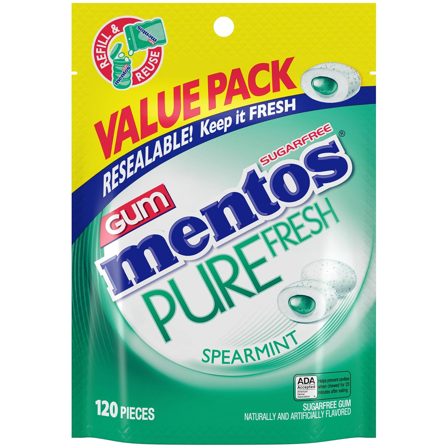 Mentos Pure Fresh Sugar-Free Chewing Gum with Xylitol, Spearmint, 120 Pieces