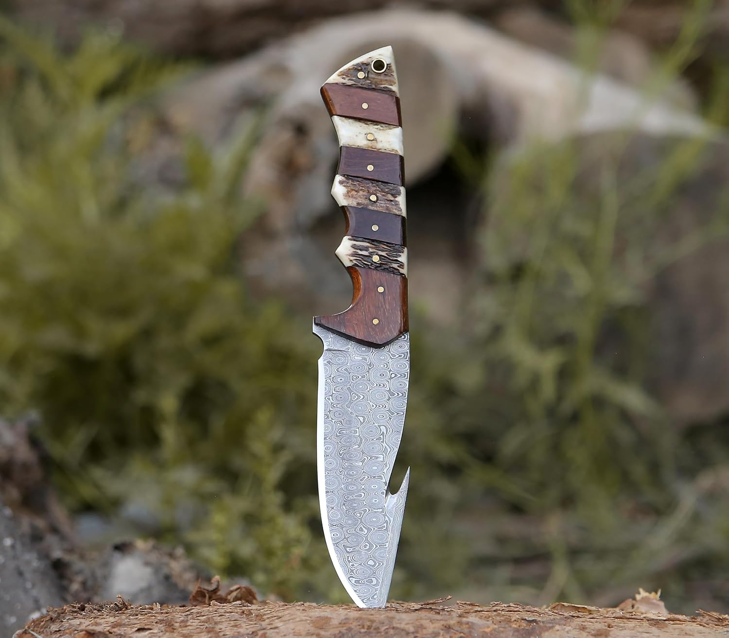 SHOKUNIN USA AntBlade Custom-Engraved 5-Inch Hunting Knife with Gut Hook: Stag Horn Antler Handle Knife and Sheath - Hunting Gifts for Men