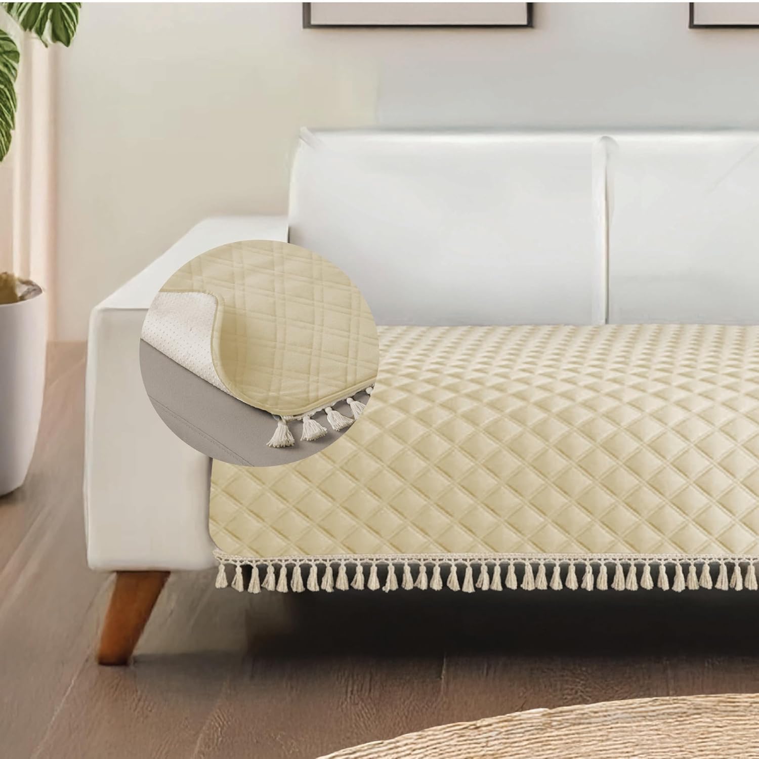 Urban Space 3 Seater Microfiber Quilted Sofa Cover mat with Tassels, Easy Care & Machine Washable Cover, Anti-Slip Backing Sofa Seat Runner for Couch for Living Space (3 Seater – Beige) Urban Space 3 Seater Microfiber Quilted Sofa Cover mat with Tassels, Easy Care & Machine Washable Cover, Anti-Slip Backing Sofa Seat Runner for Couch for Living Space (3 Seater – Beige)