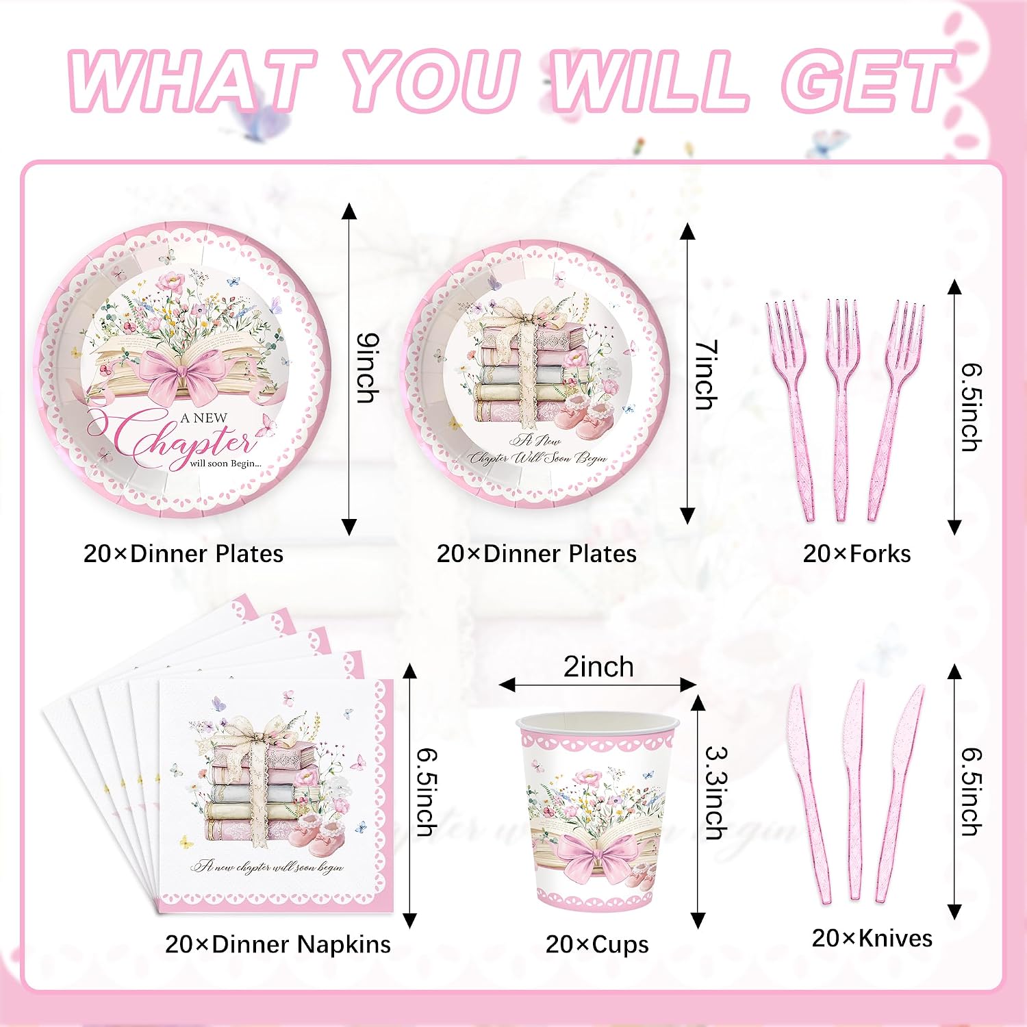 120PCS Storybook Baby Shower Party Supplies, A New Chapter Will Soon Begin Theme Tableware Set, Floral Pink Book Party decorations Disposable Paper Plates Napkins Cups Knives Forks Kit for 20 Guests image 2