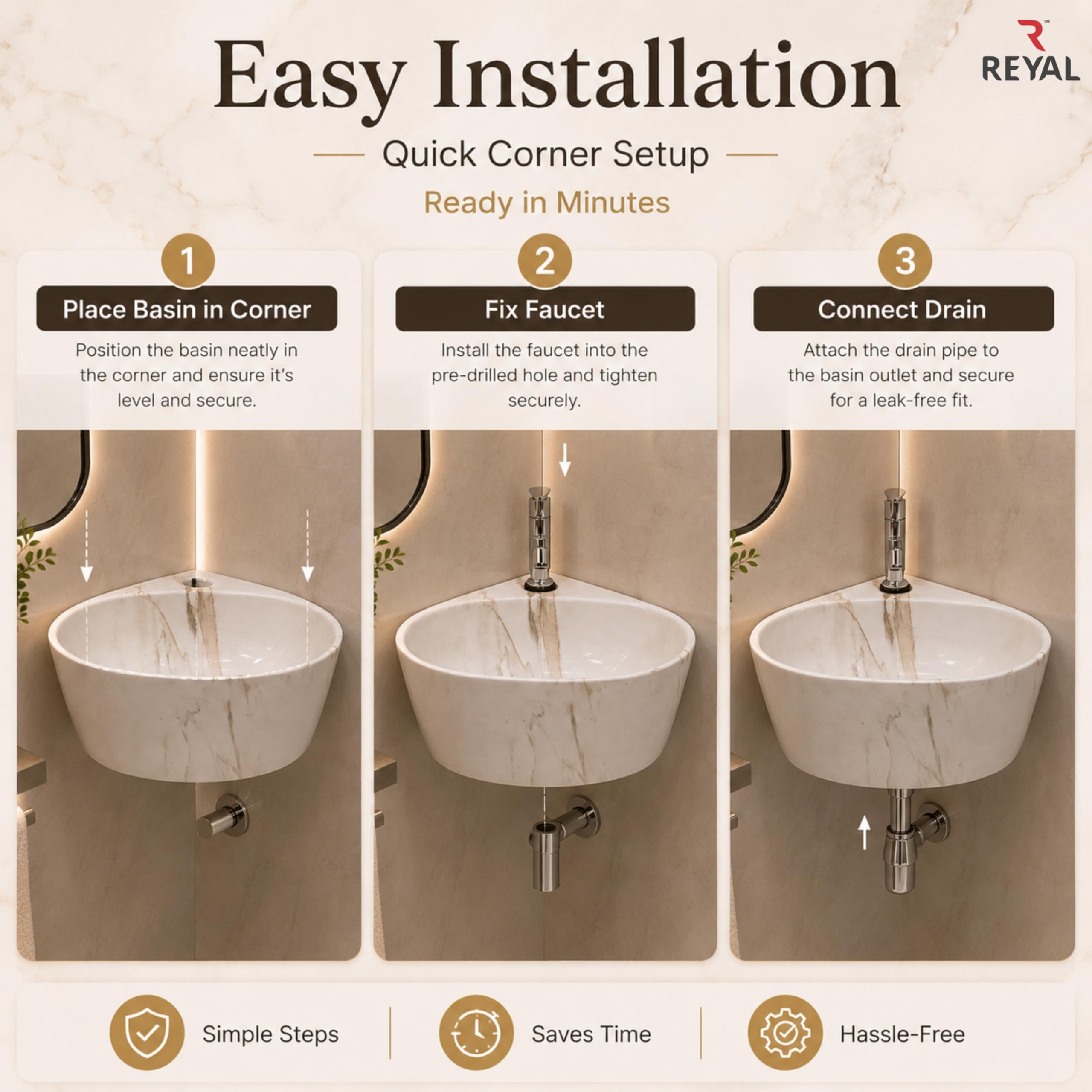 Reyal Corner Sink - Space-Saving Ceramic Wash Basin -6 Reyal Corner Sink - Space-Saving Ceramic Wash Basin -6
