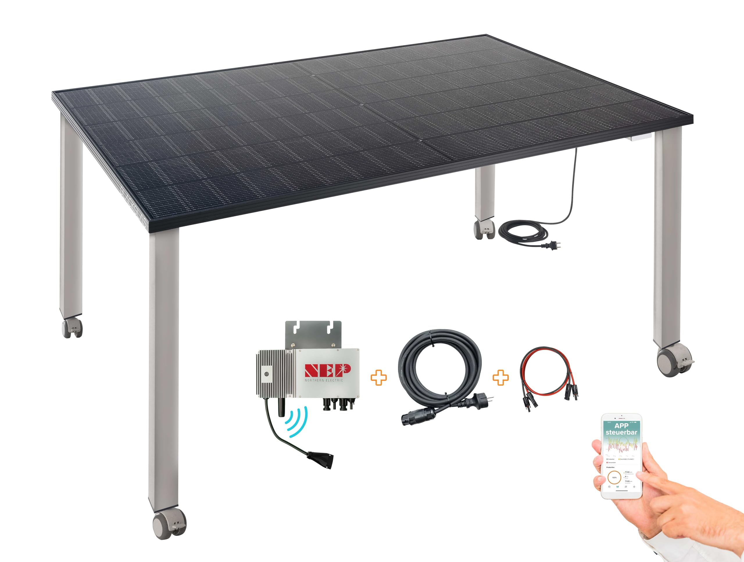Balkonkraftwerk 445Wp Solar Gartentisch VEOvoltPRO mit Rollen, Full Black Solarmodul, 600W Wechselrichter mit App, 5m Kabel, Verstellbarer Winkel, Plug & Play, Vormontiert, Made-in-Germany